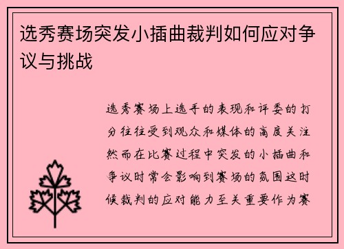 选秀赛场突发小插曲裁判如何应对争议与挑战