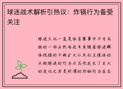 球迷战术解析引热议：炸锅行为备受关注
