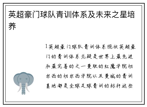 英超豪门球队青训体系及未来之星培养